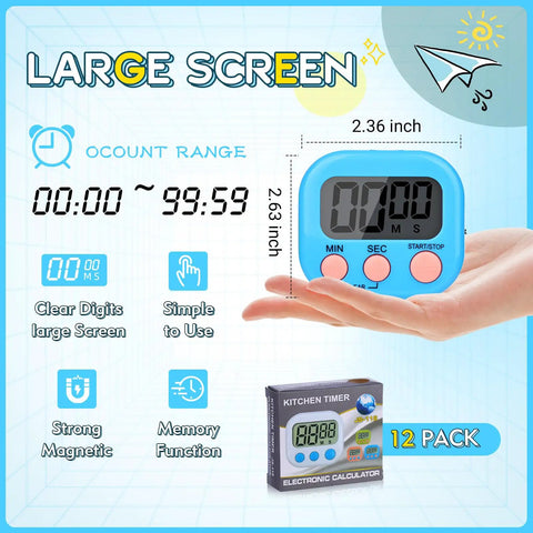 Digital Kitchen Timer Set With 12 Pack Magnetic Timers In 6 Bright Colors, blue timer on large screen display.