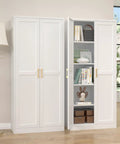 White Metal Pantry Cabinet 71 Inch Tall Kitchen Storage Organizer With Doors And Four Adjustable Shelves Two Gold Handles Perfect For Kitchen Pantry Living Room Bath Or Laundry