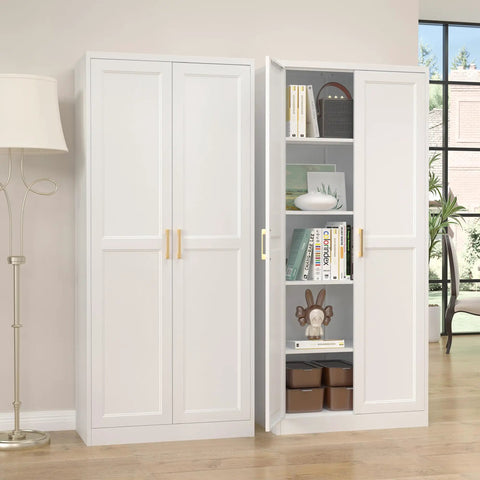 White Metal Pantry Cabinet 71 Inch Tall Kitchen Storage Organizer With Doors And Four Adjustable Shelves Two Gold Handles Perfect For Kitchen Pantry Living Room Bath Or Laundry