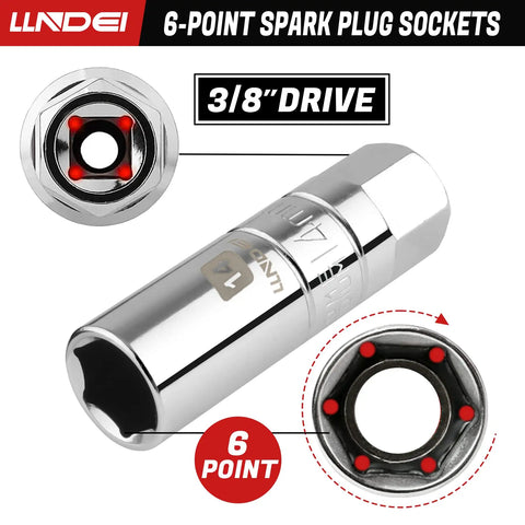 3/8 Inch Drive Spark Plug Socket Set 7 Piece SAE And Metric High Visibility 6 Point Sockets CR-V Steel Mirror Polished