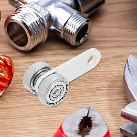 Rock Solid Double Bearing Sliding Door Pulley With Hella Smooth V Groove Wheel for anti sagging barn door hardware on wooden surface.