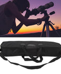 Multipurpose Telescope Bag With Shock Absorption And Non Slip Closure Heavy Duty Large Capacity Storage Case For Telescope Mount Tripod And Accessories Travel Ready Gear Protector; beneath silhouette of person using telescope at sunset.