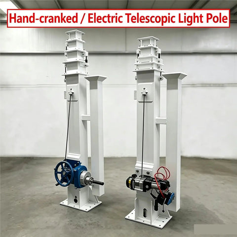 Built Different Heavy Duty Multi Stage Aluminum Telescopic Mast With Plug And Play Electric Lift And Backup Hand Crank For Satellite Antennas and Outdoor Comms Gear Up To Nine Meters, featuring electric and manual operation.