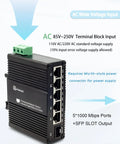 Industrial Grade Mini Gigabit Ethernet Switch With SFP Slot, Din Rail Mount, featuring RJ45 ports and wide AC voltage input display