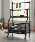 Heavy Duty Rolling Storage Rack And Athletic Gear Cart With Mesh Shelves Iron Frame For Gym Basement Garage Setup with weights and mats.