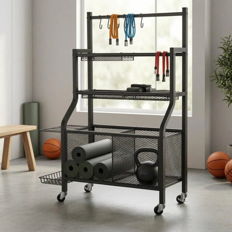 Heavy Duty Rolling Storage Rack And Athletic Gear Cart With Mesh Shelves Iron Frame For Gym Basement Garage Setup with weights and mats.