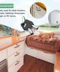 Built Tough Tubular Cam Locks For Toolboxes And Drawers With Keyed Alike Operation Includes Four Matching Keys And Smooth Chrome Finish shown in a camper setting, used for cabinets.