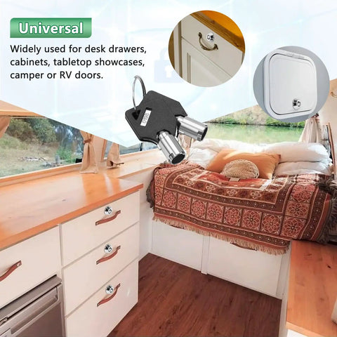 Built Tough Tubular Cam Locks For Toolboxes And Drawers With Keyed Alike Operation Includes Four Matching Keys And Smooth Chrome Finish shown in a camper setting, used for cabinets.