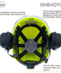 3 In 1 Arborist Helmet With Visor And Earmuffs, ANSI Approved, showing 6-point suspension interior and clip-on chin strap.