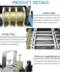 Detailed view of Automatic Heat Shrink Tube Cutter with feed roller, guide strip, and pressure regulating knob for tubing adjustments.