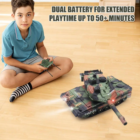 Boy in blue shirt plays with Rugged RC Tank That Shoots For Kids And Teens 2 4GHz Remote Control Army Tank Toy on wood floor