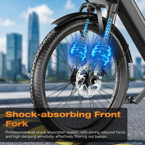 Detail of shock-absorbing front fork on Badass Electric Bike For Adults With 750W Peak Motor Crushing Hills At 20 Mph, 26 Inch Fat Tire Ebike.