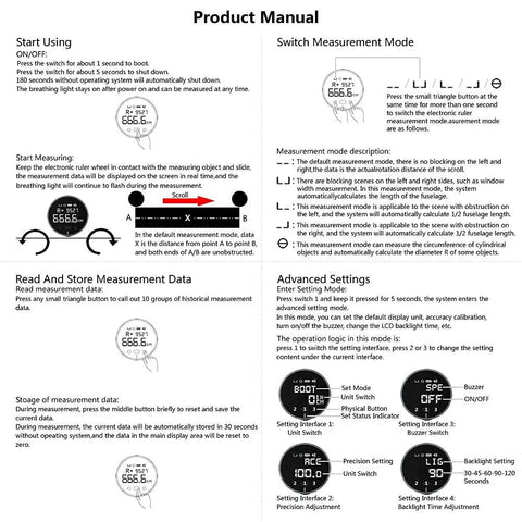 Product manual showing features of Rechargeable Digital Tape Measure For Long Distance Measuring, Handy Tool For Flat, Curved, And Odd Shapes