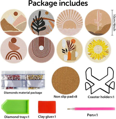 Eight Pack Landscape Diamond Painting Coasters With Holder Complete DIY Kit For Adults Round Full Drill 5D Gem Dots Craft Set With Pen Glue Tray For Home Decor And Party Time.