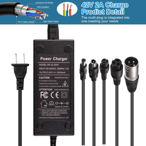 Universal 42V 2A Fast Charger With Six Plugs For 36V Li Ion Batteries showing cables and plug adapters