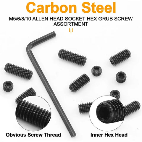 407 Piece Hex Socket Cup Point Set Screw Kit With Partitioned Case showing screws and hex key on white background