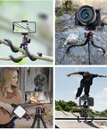 All In One Portable Camera Tripod And Flexible Phone Stand with Cold Shoe Mount, shown in various outdoor and indoor uses