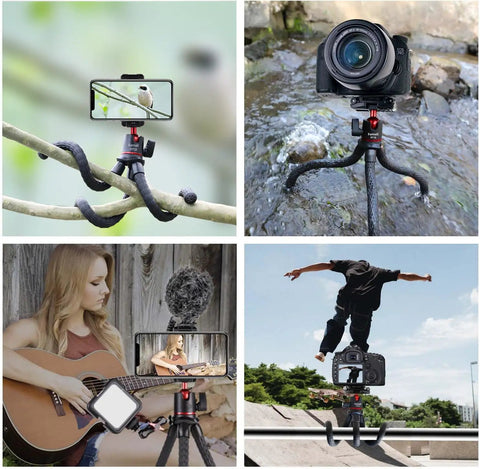 All In One Portable Camera Tripod And Flexible Phone Stand with Cold Shoe Mount, shown in various outdoor and indoor uses