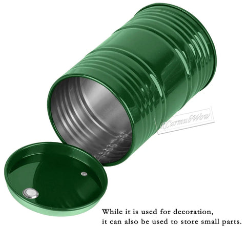 Open green oil drum from Roof Rack Accessory Kit For One Tenth Scale RC Crawlers TRX4 TRX6 SCX10 Red Cat Including Luggage Bag Fire Extinguisher Oil Drum