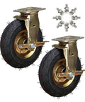 Heavy Duty 2 Pack Of 8 Inch And 10 Inch Rubber Casters With Side Brakes showing steel brackets and pneumatic wheels.