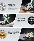 Enventor mini circular saw with laser guide and three blades (24T wood, 44T, 85mm diamond)