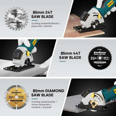Enventor mini circular saw with laser guide and three blades (24T wood, 44T, 85mm diamond)