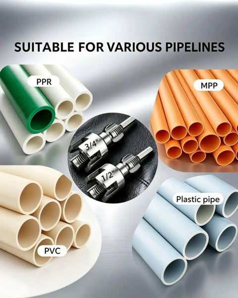 Heavy Duty Dual Function Pvc Pipe Threader Kit With 1 2 And 3 4 Inch Dies For Internal External Threading Compatible With Electric Drill Perfect For Diy Pros And Home Repair Projects Fast Easy Installation displaying various pipe types.