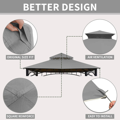 10x10 Ft Gazebo Replacement Canopy Grey Waterproof UV Resistant Built To Last Heavy Duty Polyester Fabric With Reinforced Grid