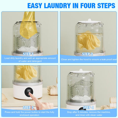 Step-by-step guide showing Straight Up Portable Mini Washing Machine For Underwear And Socks Compact Travel Laundry Cleaner use.