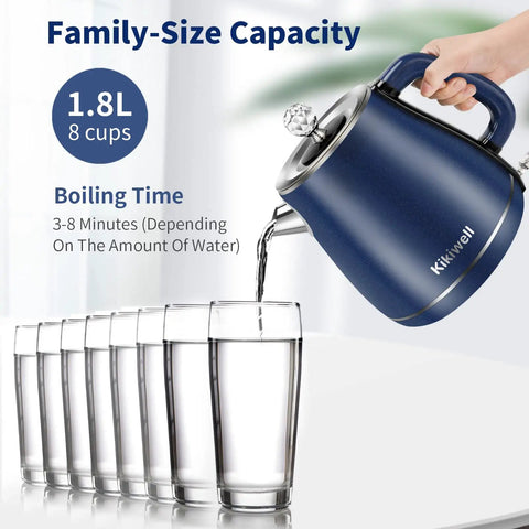 Stainless Steel Electric Kettle 1.8 Liter With Double Wall And Cool Touch Exterior pouring water into glass