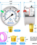 Stainless Steel Liquid Filled Pressure Gauge 0 To 60 Psi 1 Quarter NPT 2 Inch Dial Lower Mount With Hex Bushing For Pool Filter Pump Oil Air Compressor Tire Pressure Tester with dimensions and accessories.