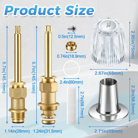 Three Handle Bathtub Shower Trim Kit Compatible With Verve Windsor Faucets including size dimensions of parts in brass and acrylic