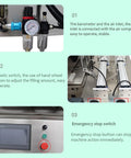 Heavy Duty Smooth Operator Double Nozzle Paste Filling Machine Stainless Steel Piston controls with barometer and emergency stop.