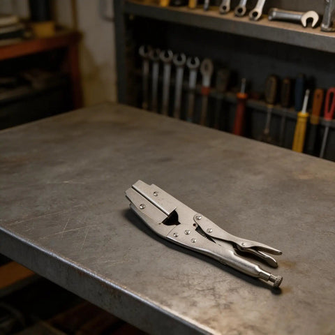 Heavy Duty Locking Radiator Hose Clamp Pliers With Strong Carbon Steel Jaws For Fast Welding Electrical Auto Repair And Quick Pinch Off Setup on metal workbench.