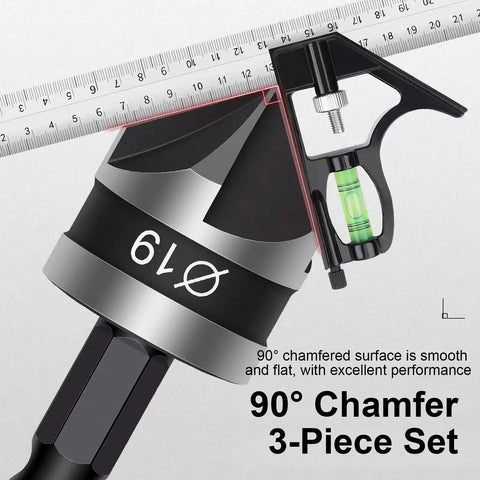 Close-up of the 90-degree chamfer 3-piece set with a precision level and hex design, showcasing smooth surface and durable build.