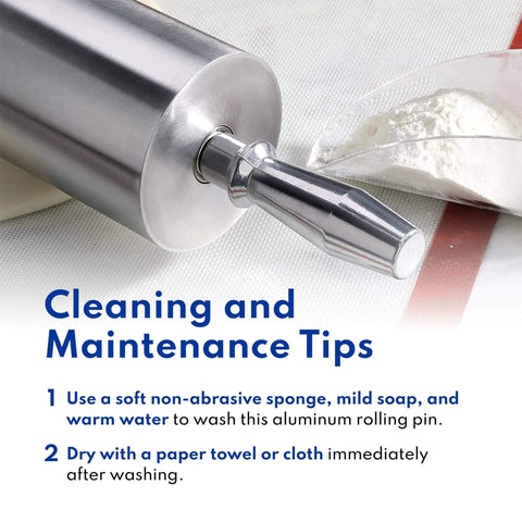 Extra Heavy Duty Aluminum Rolling Pin For Restaurants 15 Inch With Flour Saving Design Keeps Dough From Sticking Durable Pro Grade Quality And Smooth Rolling With Rotating Barrel Handles Chill The Pin Before Rolling To Keep Dough Cool, displayed with cleaning instructions.