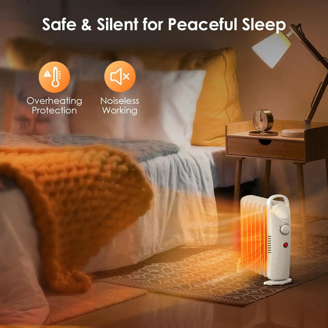 700W Oil Filled Radiator Heater With Adjustable Thermostat Two Heat Settings Overheat Protection Silent Operation Cozy Warmth