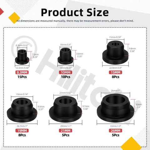 High Temp Silicone Plug Set 51Pcs 6 Sizes T Shaped Rubber Stopper Hole Plugs for Powder Coating Plating Waterproof Sealing Kit Heat Resistant Plugs 8.3mm 10mm 15mm 19mm 21mm 26mm shown with dimensions for each size, labeled with quantities.