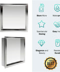 Two angles of 12x12 Inch Stainless Steel Shower Niche, Modern Waterproof In Wall Shelf For Bathroom, Easy Tile In Install With Silicone Sealant