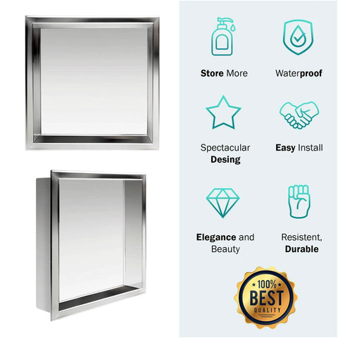 Two angles of 12x12 Inch Stainless Steel Shower Niche, Modern Waterproof In Wall Shelf For Bathroom, Easy Tile In Install With Silicone Sealant