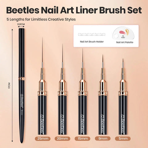 Liner Nail Art Brush Set Of 5 With Palette Holder For Long Lines And Fine Details Metallic Nail Pens 5mm 9mm 15mm 20mm 25mm