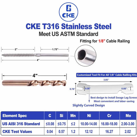Diagram detailing 72 Pack T316 Stainless Steel Left and Right Handed Swage Lag Screws For Wood Posts And One Eighth Inch Cable Deck Railing Kit.