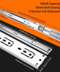 18 Inch Drawer Slides 4 Pair Soft Close Full Extension Side Mount Cabinet Rails showing smooth stainless steel construction and dimensions.