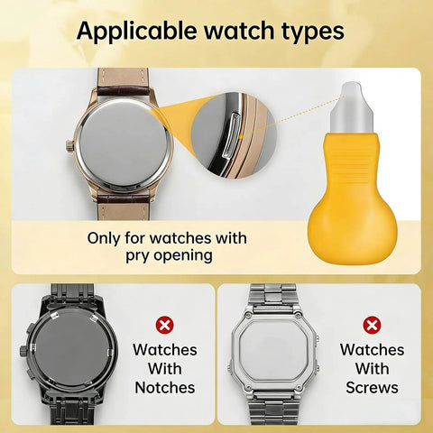 Illustration of applicable watch types for All In One Watch Case Press Tool Kit With 18mm To 50mm Dies Back Case Remover Pry Tool And Cleaning Cloth.