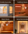 2 In 1 Sauna Thermometer And Hygrometer For Home Infrared Indoor Use Portable Steam Sauna Box Accessory Precision Temperature Gauge And Humidity Monitor Measures 68 To 212 Fahrenheit And 0 To 100 Percent Humidity, hanging in sauna