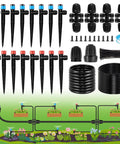 95.5 Feet Drip Irrigation Kit For Automatic Garden Watering with tubing and connectors shown with irrigation diagram