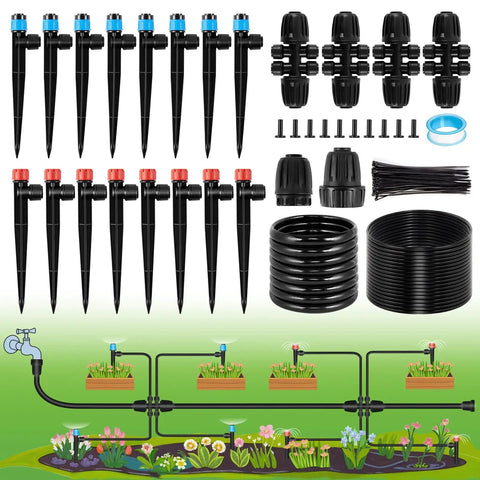 95.5 Feet Drip Irrigation Kit For Automatic Garden Watering with tubing and connectors shown with irrigation diagram
