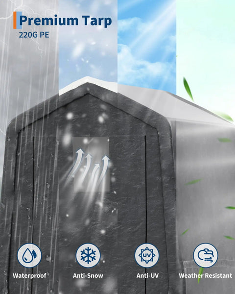 Heavy Duty Outdoor Portable Storage Shed With Roll Up Door And Vent Waterproof 240G PE Tarp UV Resistant Shelter shown