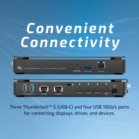 Next Level Thunderbolt 5 And Thunderbolt 4 Heavy Duty Network Dock featuring dual 10 Gigabit Ethernet ports and USB connectors.