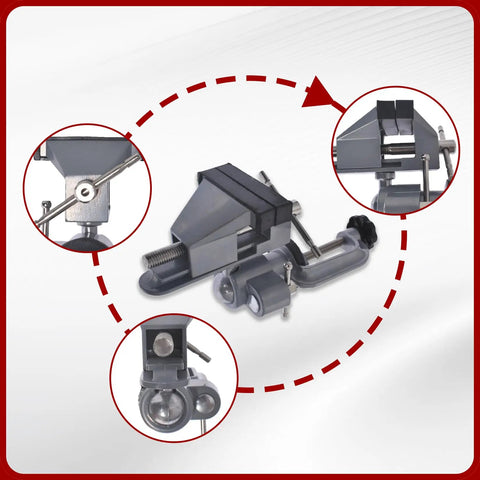 Close-up of 3 Inch Aluminum Swivel Table Vise with 360 Degree Rotation and 45 Degree Tilt, clamped for jewelry making and model building.